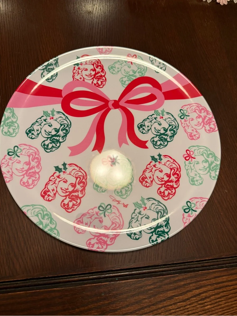 Festive Dolly Parton Pink & Green Holiday Serving Plate with Ribbon Motif 14.7
